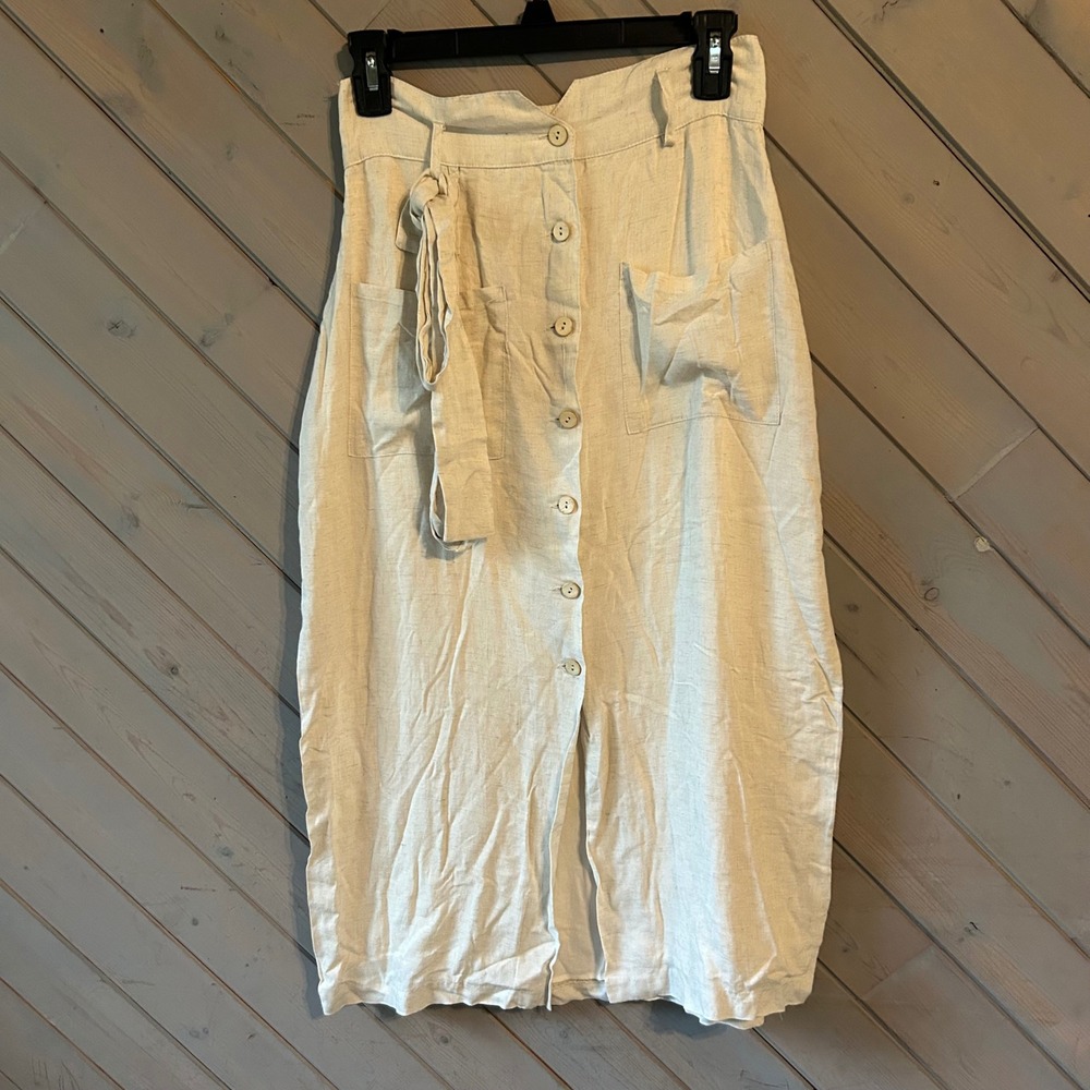 Illa Illa Cream Linen Blend Button Front Midi Skirt with Tie‎ Waist Small IM4579